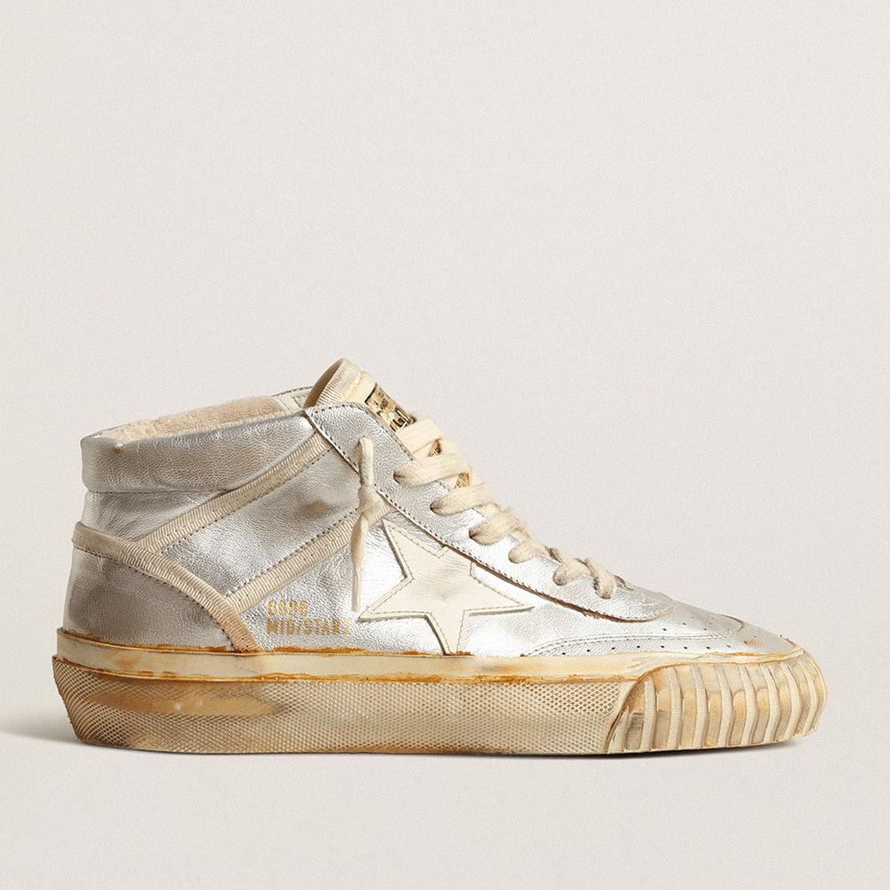 Golden Goose Women's Mid Star In Silver Metallic Leather With Ivory Star