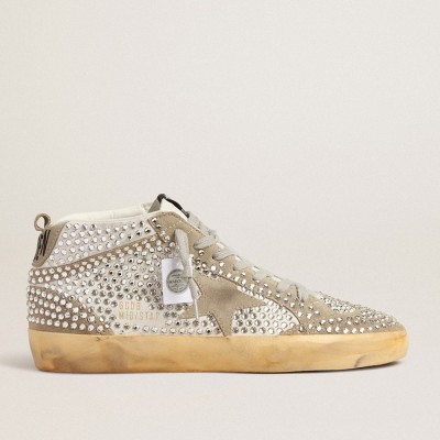 Golden Goose Women's Mid Star In White And Dove-gray Suede With Swarovski Crystals