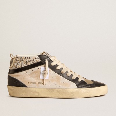 Golden Goose Women's Mid Star LTD In Black And White Leather With Pearls And Perforated Star