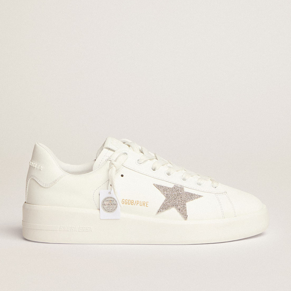 Golden Goose Women's Purestar In White Leather With Silver Swarovski Crystal Star