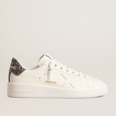 Golden Goose Women's Purestar With White Leather Star And Anthracite Glitter Heel Tab