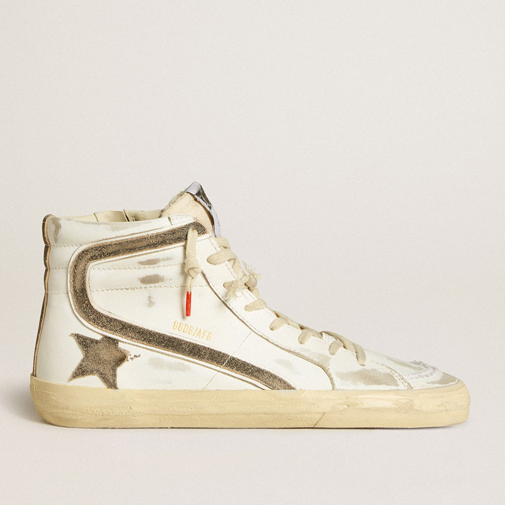 Golden Goose Women's Slide LAB In White Leather With Star And Flash In Brown Suede