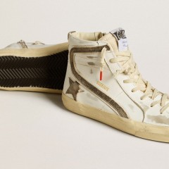 Golden Goose Women's Slide LAB In White Leather With Star And Flash In Brown Suede