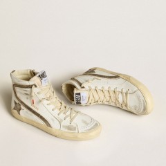 Golden Goose Women's Slide LAB In White Leather With Star And Flash In Brown Suede