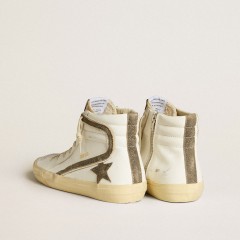 Golden Goose Women's Slide LAB In White Leather With Star And Flash In Brown Suede