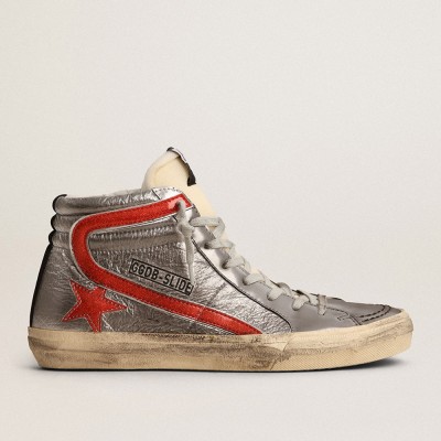 Golden Goose Women's Slide With Silver Metallic Leather Upper And Red Metallic Leather Flash