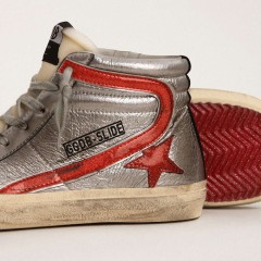 Golden Goose Women's Slide With Silver Metallic Leather Upper And Red Metallic Leather Flash