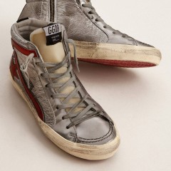 Golden Goose Women's Slide With Silver Metallic Leather Upper And Red Metallic Leather Flash