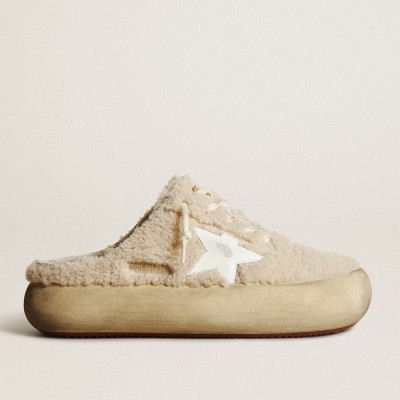 Golden Goose Women's Space-Star Sabots In Beige Shearling With White Leather Star