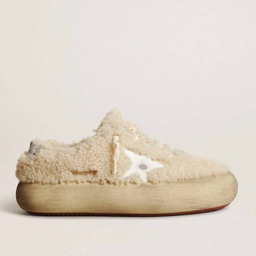 Golden Goose Women's Space-Star Shoes In Beige Shearling With White Leather Star And Metallic Leather Heel Tab