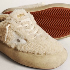 Golden Goose Women's Space-Star Shoes In Beige Shearling With White Leather Star And Metallic Leather Heel Tab