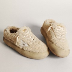 Golden Goose Women's Space-Star Shoes In Beige Shearling With White Leather Star And Metallic Leather Heel Tab