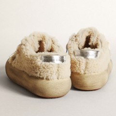 Golden Goose Women's Space-Star Shoes In Beige Shearling With White Leather Star And Metallic Leather Heel Tab