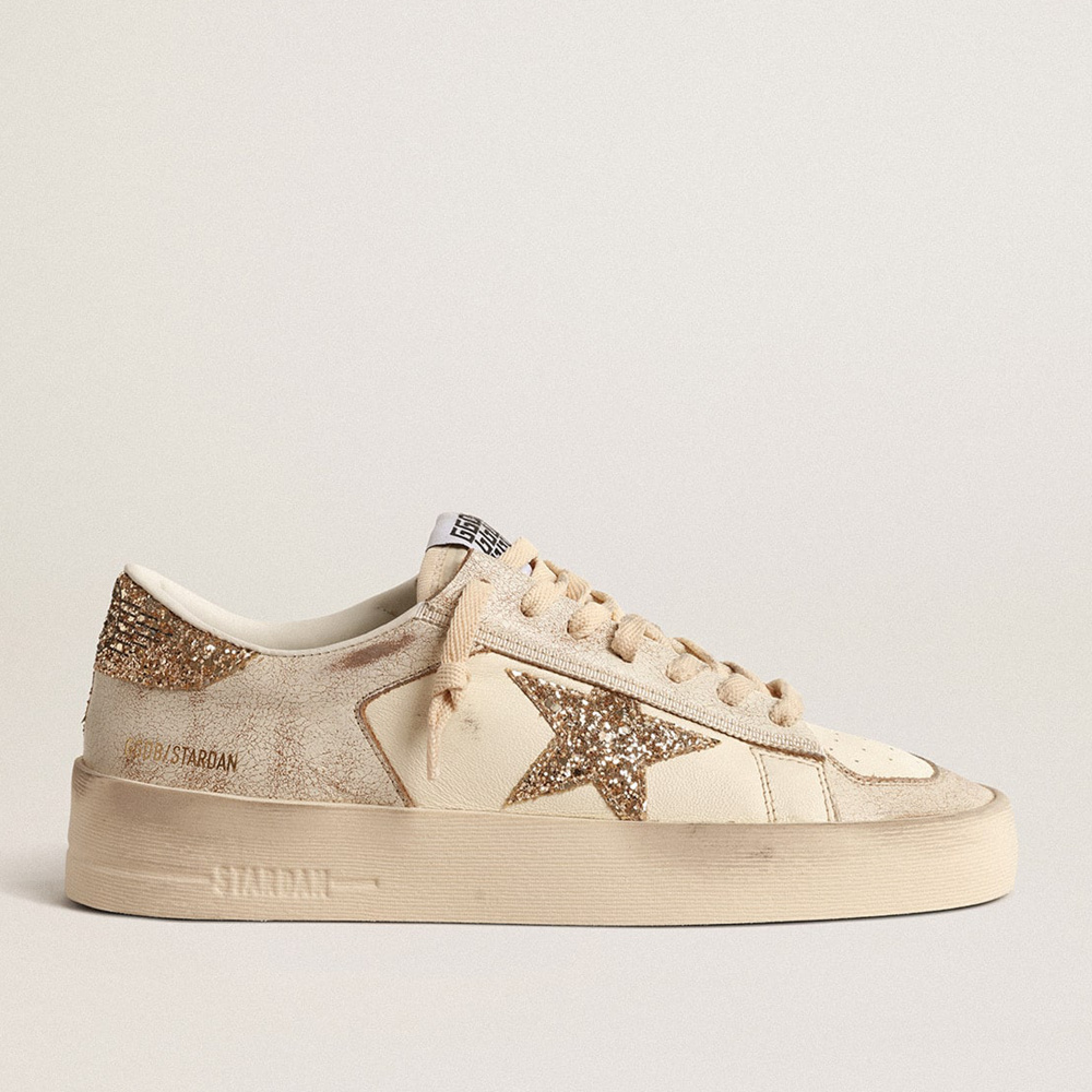 Golden Goose Women's Stardan In Ecru Nappa Leather With Gold Glitter Star And Heel Tab