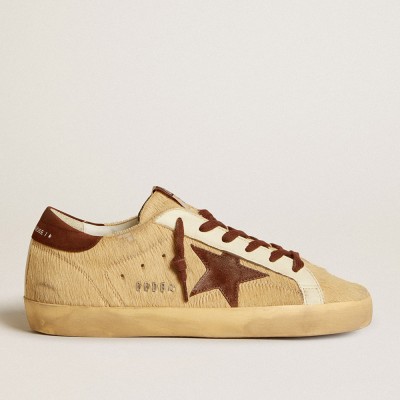 Golden Goose Women's Super-Star In Beige Pony Skin With Brown Suede Star And Heel Tab