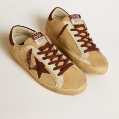 Golden Goose Women's Super-Star In Beige Pony Skin With Brown Suede Star And Heel Tab