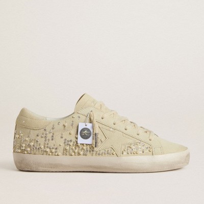 Golden Goose Women's Super-Star In Beige Suede With Pearls And Swarovski Crystals