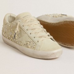 Golden Goose Women's Super-Star In Beige Suede With Pearls And Swarovski Crystals