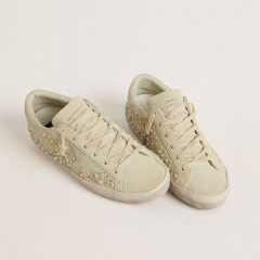 Golden Goose Women's Super-Star In Beige Suede With Pearls And Swarovski Crystals