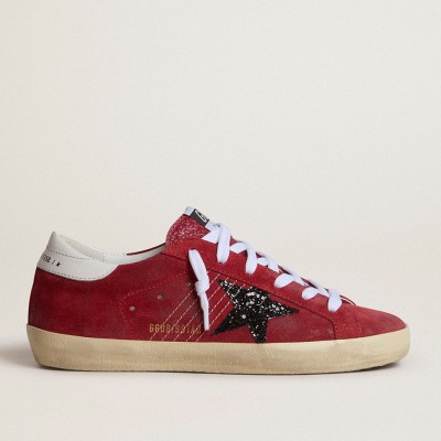 Golden Goose Women's Super-Star In Red Suede With Glitter Star And White Heel Tab