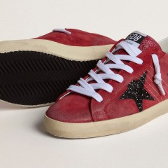 Golden Goose Women's Super-Star In Red Suede With Glitter Star And White Heel Tab