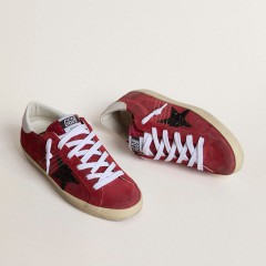 Golden Goose Women's Super-Star In Red Suede With Glitter Star And White Heel Tab