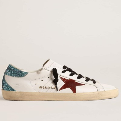 Golden Goose Women's Super-Star With Burgundy Suede Star And Light Blue Glitter Heel Tab