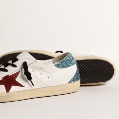 Golden Goose Women's Super-Star With Burgundy Suede Star And Light Blue Glitter Heel Tab