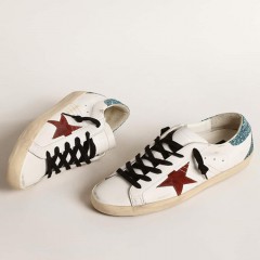 Golden Goose Women's Super-Star With Burgundy Suede Star And Light Blue Glitter Heel Tab