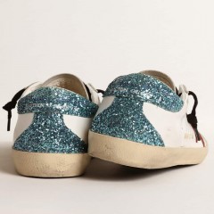 Golden Goose Women's Super-Star With Burgundy Suede Star And Light Blue Glitter Heel Tab