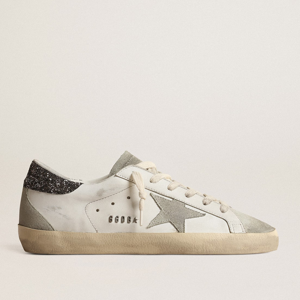 Golden Goose Women's Super-Star With Gray Star And Dark Gray Glitter Heel Tab