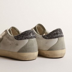 Golden Goose Women's Super-Star With Gray Star And Dark Gray Glitter Heel Tab